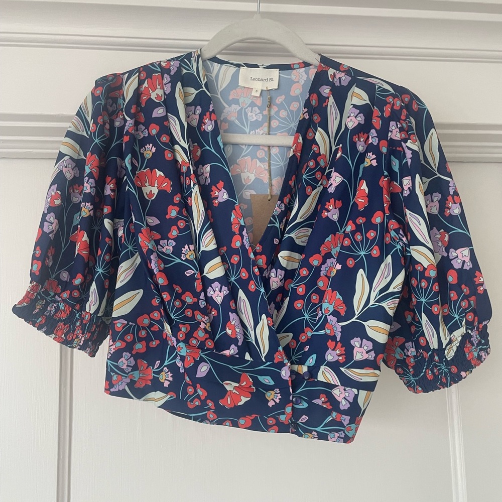 Leonard St. Navy Popping Floral Wrap Blouse